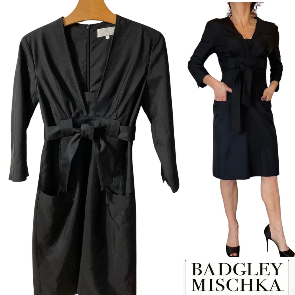 BADGLEY MISCHKA  BLACK DRESS SILK 3/4 SLEEVE V NECK BELTED‎ TIES A LINE 6